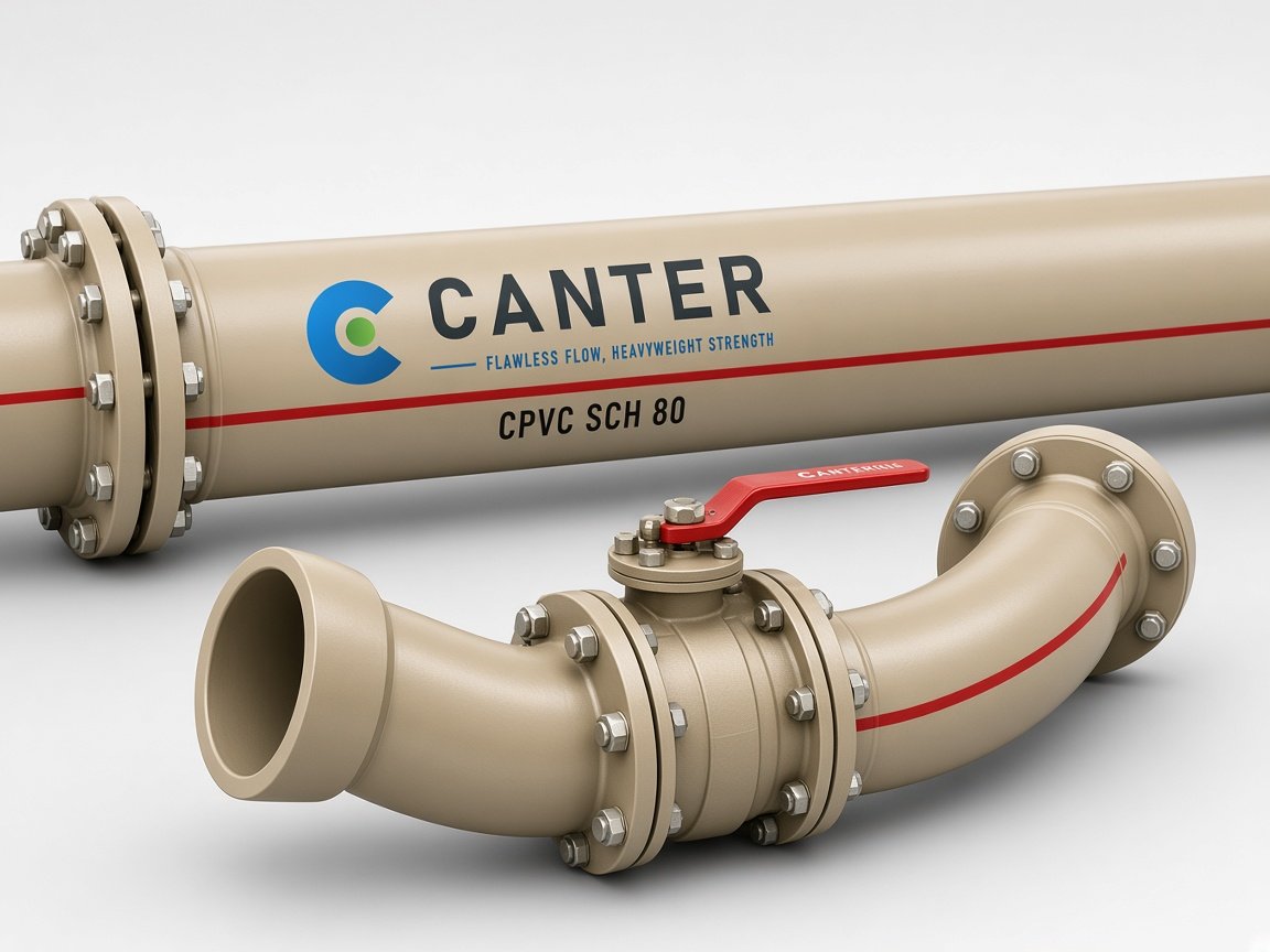 Large-diameter tan CANTER CPVC Schedule 80 pipe with flanged joint, elbow and ball valve